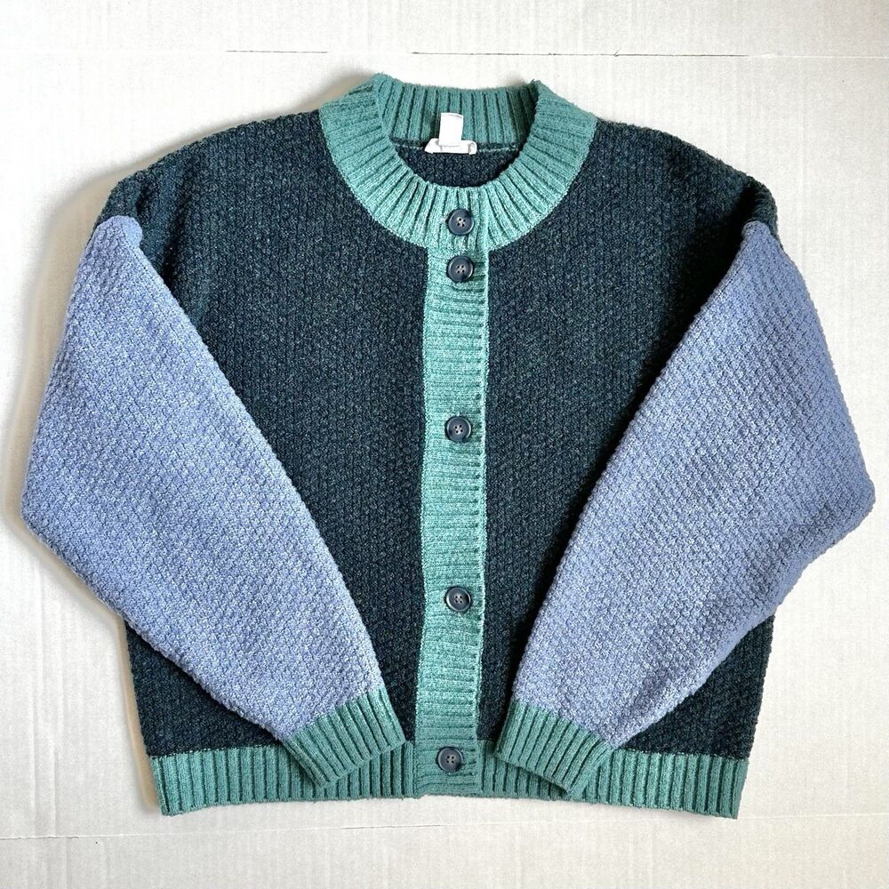 Tribal Jeans Color Block Button-up Cardigan Sweater Women’s Size S Blue & Teal